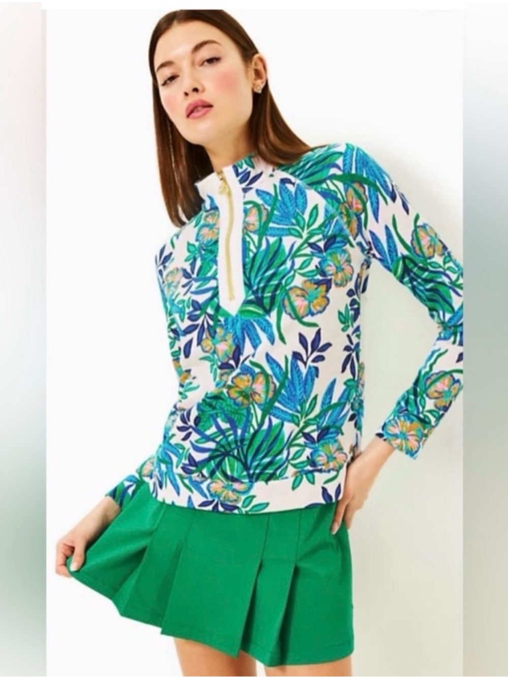 Lilly Pulitzer White Floral Ashlee popover pullover with Blue & Green Leaves